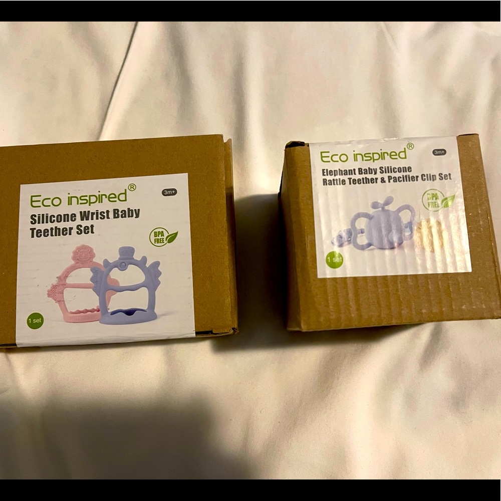 Eco Inspired Silicone Wrist Baby Teether Set & Pacifier With Rattle